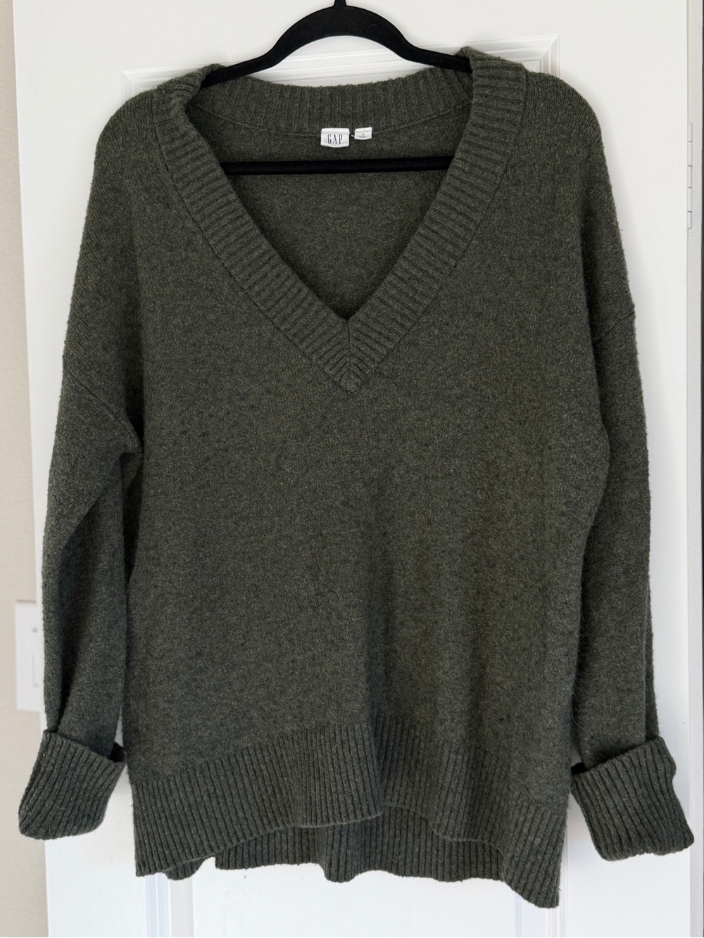 GAP Dark Olive V-Neck Ribbed Hem Sweater